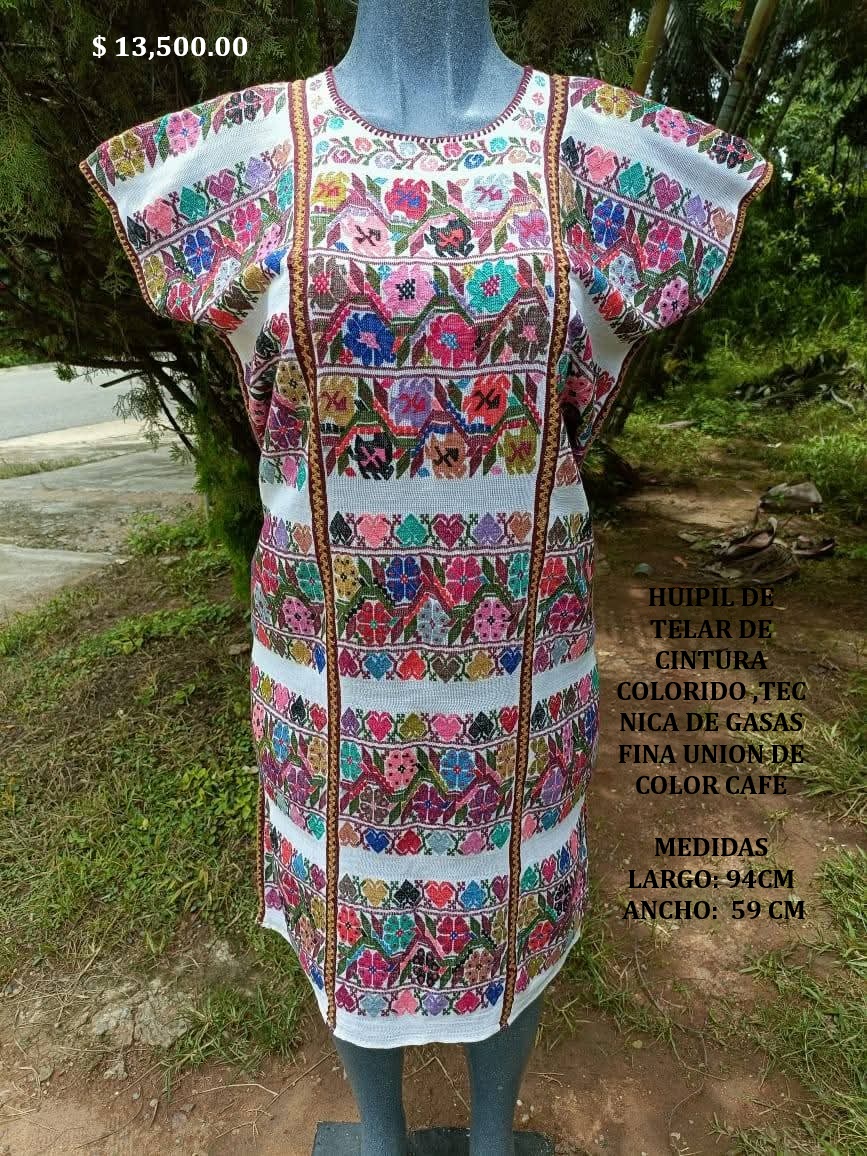 HUIPIL DE T TELAR DE CINTURA COLORIDO TECNICA DE GASAS FINA UNION DE COLORES CAFE