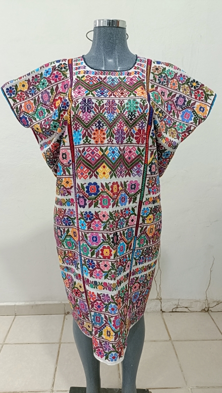 HUIPIL BLANCO DE TRES LIENZO TECNICA DE GASA LINEAS VINO UNION MULTICOLORES TECNICA DE GASA FINO