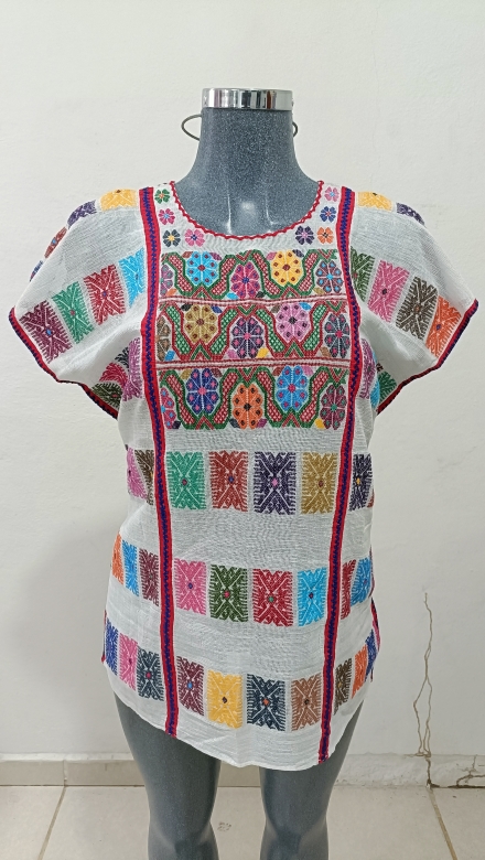 BLUSON BLANCO DE TRES LIENZO UNION ROJO Y AZUL TECNICA DE GASA FINA